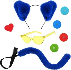 Blaues Katzenohren Stirnband und Schwanz Set mit gelber Sonnenbrille und Knöpfen