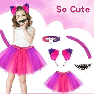 Close-up view of a pink and purple cat ear headband and tutu costume set for girls