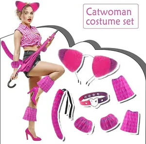 Detailed overview of the pink furry cat ears costume set perfect for Halloween cosplay