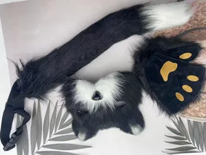 Three-piece black and white faux fur cosplay set including mask, tail and paw gloves