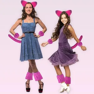 Pink and purple fuzzy cat ears headband and tail costume set for adults and kids