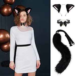 Detailed view of 3-piece black furry cat ear headband, choker, and tail set for cosplay.