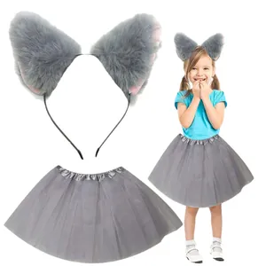 Graues flauschiges Katzenohren Stirnband und Tüllrock Kostümset für Kinder Cosplay