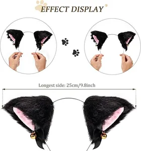 Detailed dimension display of black plush cat fox ears headband for Halloween cosplay