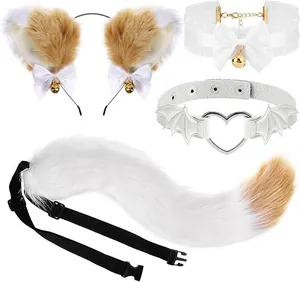 Detail view of white and tan fox cosplay accessory set with fluffy tail and ears.