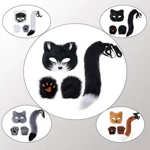 Faux Fur Animal Cosplay Set Fox Cat Ears Headband Plush Tail Mask Paw Gloves Costume Accessories For Halloween Party Adults
