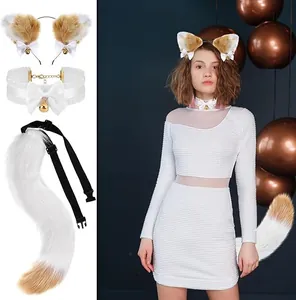 Detail view of fox ears headband, choker and tail set for cosplay and Halloween costume