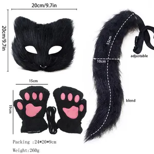 Black fox cat cosplay set including furry mask, long tail and paw gloves for Halloween