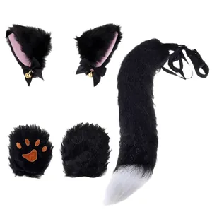 Complete plush black fox cat ear headband and tail accessory set for Halloween cosplay costumes