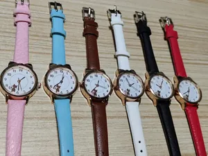 Detailed close-up showing six colorful girls' watches with cute cat ears and dials