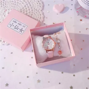 Pink cat ear quartz watch and moon bracelet gift set for girls in a decorative box
