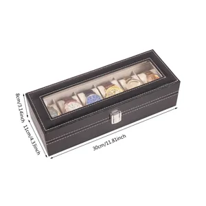 Gedetailleerd overzicht van een zwarte PU-lederen horlogedoos met 6 vakken en maten