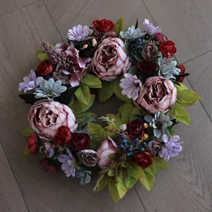 Detailed view of a vintage peony artificial flower wreath for wedding and home door decor