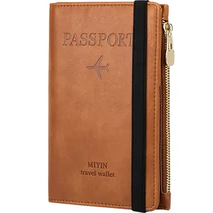 Professional brown RFID blocking passport wallet with elastic strap and zipper pocket