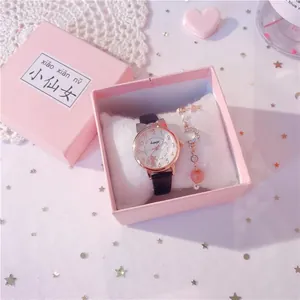 Pink cat-themed girls watch and celestial bracelet gift set for students