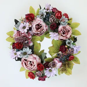 Handmade Artificial Peony Wreath European Vintage Style Silk Foam Floral Door Hanging Garland For Wedding Home Decor