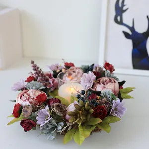 Elegant vintage artificial peony wreath with central candle holder for home decor