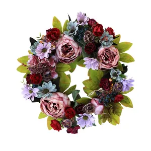Vintage artificial peony and rose floral wreath for wedding home wall door decoration