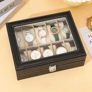 Horlogedoos voor 10 horloges van zwart PU-leer met glazen deksel en metalen sluiting.