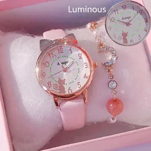 Fashion Cute Cat Ear Quartz Watch Set With Matching Bracelet For Girls Students Birthday Gift Luminous Kids Wristwatch Box Set