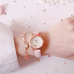 Pink cat-ear girls' wristwatch with moon star charm bracelet gift set