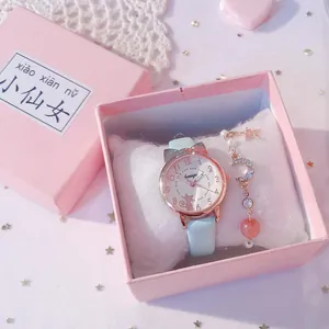 Pink gift set featuring a cute cat-eared girl's watch and matching charm bracelet