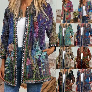 Damen Vintage Ethnisch Bedruckt Langarm Offene Strickjacke Polyester Locker Herbst Casual Top Oberbekleidung