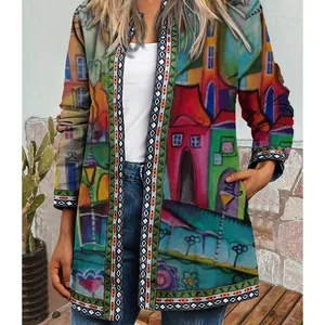 Damen Vintage Folk Print Langarm-Strickjacke mit offenem Design in leuchtenden Farben