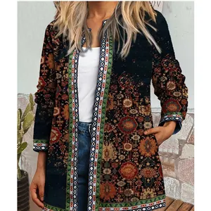 Damen Boho-Cardigan mit ethnischem Print und langen Ärmeln, vorne offen