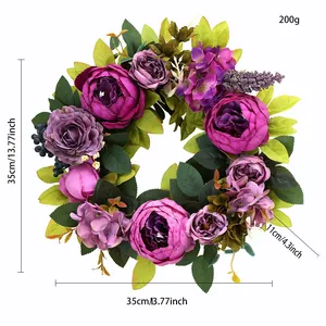 Couronne de pivoines artificielles violettes vintage pour la porte, 35cm.