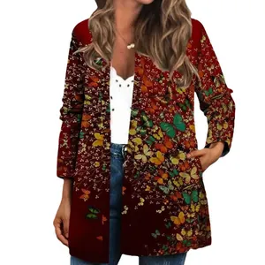 Rote Strickjacke im Vintage-Ethnografie-Stil mit buntem Schmetterlingsdruck für Damen