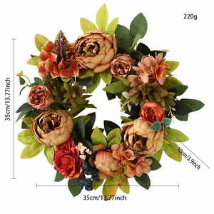 Couronne de pivoines artificielles vintage, guirlande florale de 35 cm pour décoration.