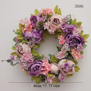 Couronne artificielle de pivoines mauves et d'hortensias roses pour porte de mariage déco