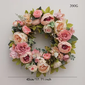 Couronne artificielle de pivoines et roses de 45 cm pour porte d'entrée et mariage