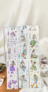 Detail view of watercolor hand-painted die-cut washi tape featuring girl characters
