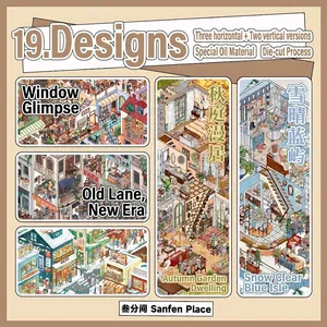 Juego de Pegatinas Escénicas DIY Estéticas de PET con Aceite Especial Stickers de Scrapbooking para Decoración de Diario Paisaje Urbano Creativo