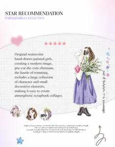 Premium hand-drawn watercolor girl sticker collection for scrapbooking with pre-cut designs