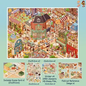 Detail view of Quemai city landscape sticker set including scene cards and die-cut stickers.
