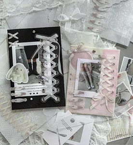 Detailed macro view of aesthetic lace and ribbon PET stickers applied on journals