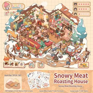 Vista detallada del juego de pegatinas DIY Snowy Meat Roasting House con hojas PET y tarjetas