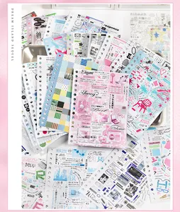 Vista detallada de pegatinas decorativas de estilo coreano para scrapbooking y diario personal.