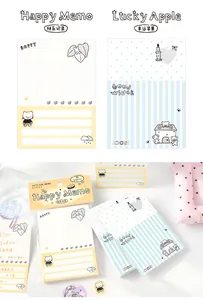 Display of 80-sheet cartoon memo pads showing two cute patterns and product packaging