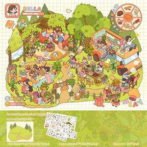 Detalle del kit de pegatinas de camping DIY con hojas de PET y tarjetas de fondo