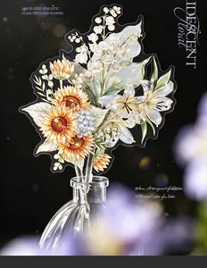 Close-up of realistic iridescent floral stickers with transparent glass-like texture