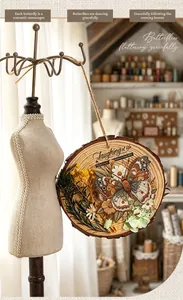 Detailed view of vintage butterfly embroidery PET sticker on circular wood slice