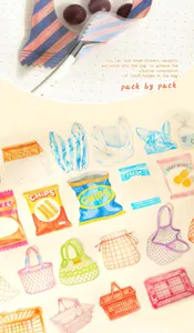 Detailed view of various shopping bag and basket PET stickers for DIY scrapbooking