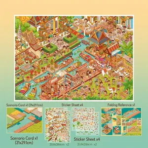 Detailed view of the Thai market themed sticker set with 480 miniature elements and cards.