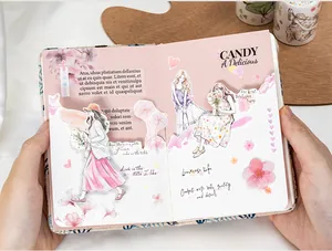 Detailed macro view of hand-painted watercolor girl stickers on a pink journal page
