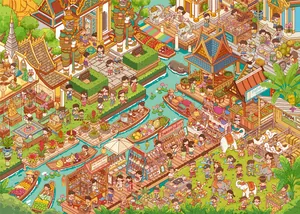 Macro view of detailed Thai floating market illustration for landscape sticker
