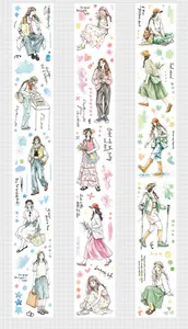 Close-up of hand-drawn watercolor girl washi tape strips for creative journaling decor